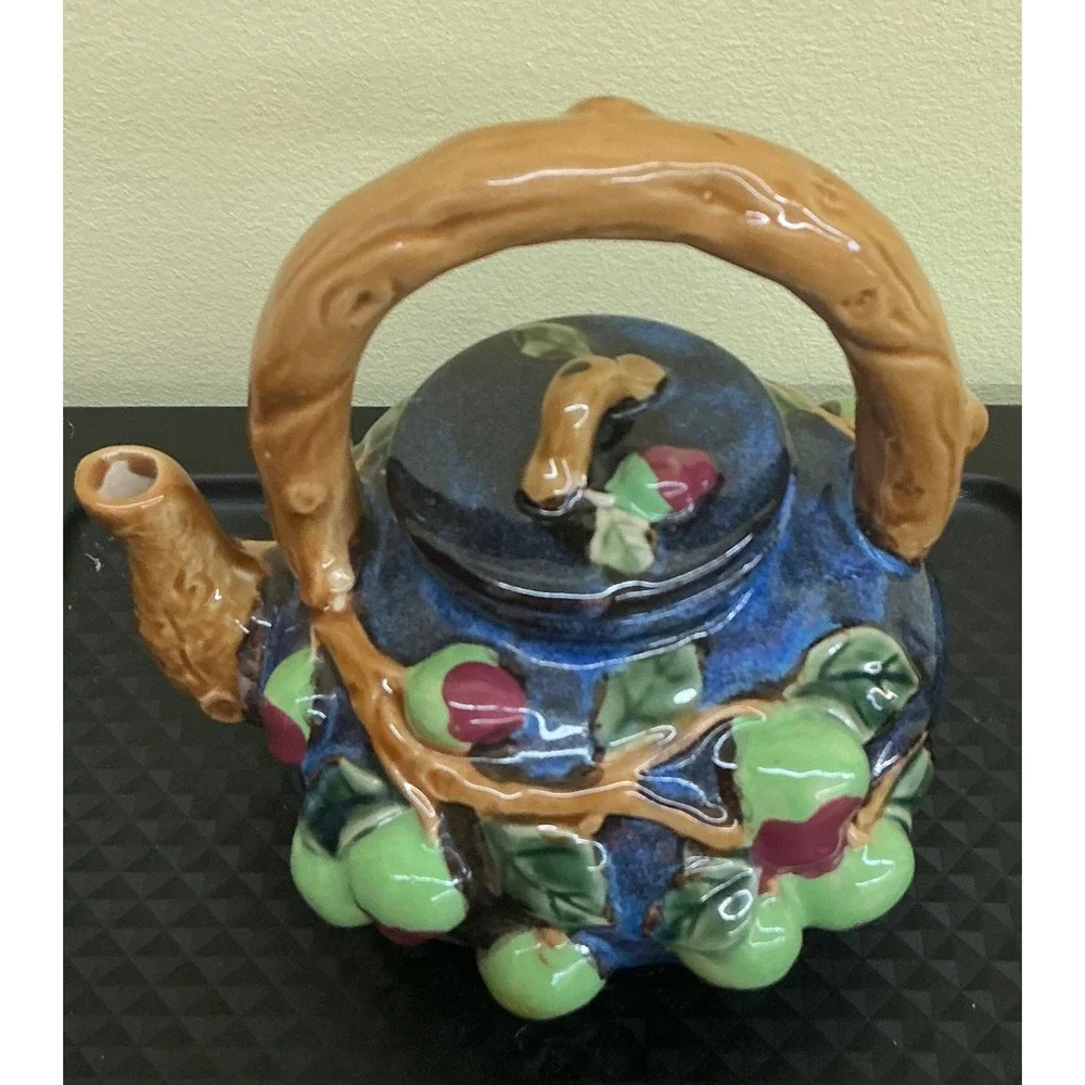 Vintage Ceramic Fruit Teapot Blue Drip Glaze Relief Apple Branch Cottagecore